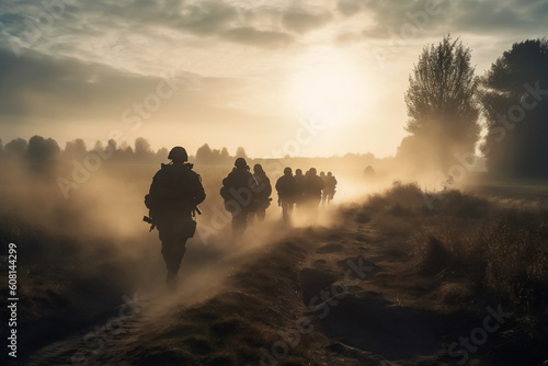 A group of modern-day soldiers in full equipment conducts a patrol in an unurbanized area created with generative AI technology