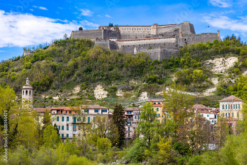 View of the village of Gavi Ligure with the Fort, province of Alessandria, Italy