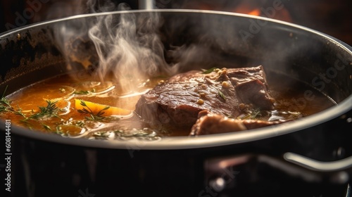 beef broth simmering in a pot, with steam rising and meaty bones visible
