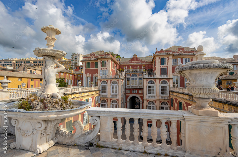 GENOA, ITALY, APRIL 28. 2023 - The outdoor terrace of the Royal Palace in Genoa, Italy