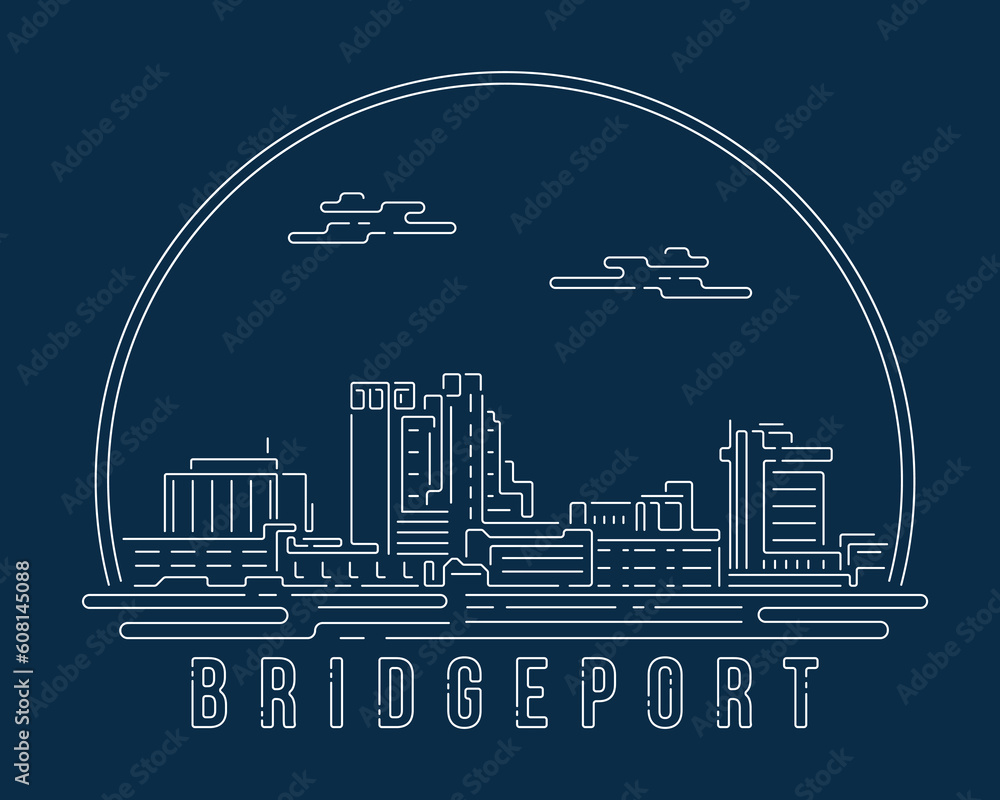 Bridgeport, Connecticut - Cityscape with white abstract line corner curve modern style on dark blue background, building skyline city vector illustration design