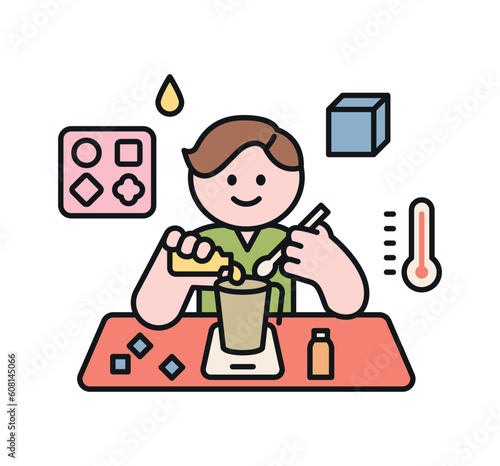 One day class workshop. People are learning new skills. Illustration of geometric design. Soap making workshop.