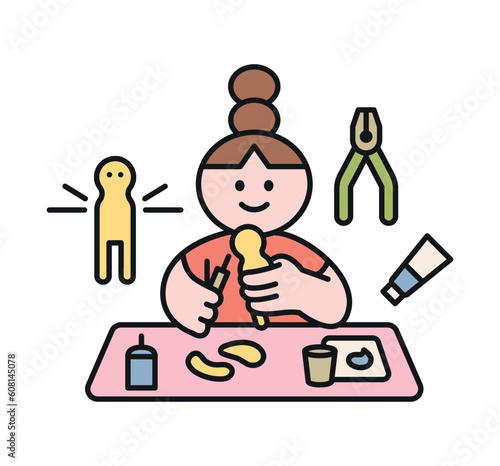 One day class workshop. People are learning new skills. Illustration of geometric design. Art toy workshop.