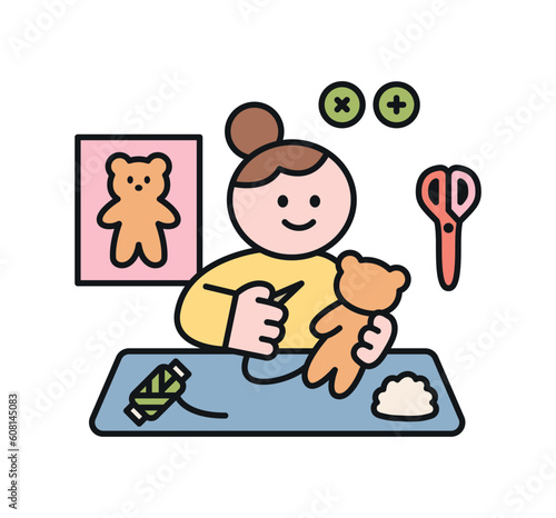 One day class workshop. People are learning new skills. Illustration of geometric design. Teddy bear making studio.