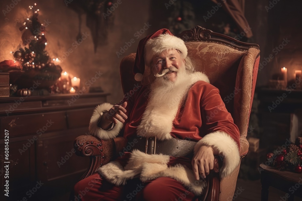 Happy Santa in a room full of Christmas decoration. Generative ai Happy Santa in a room full of Christmas decoration. Generative ai