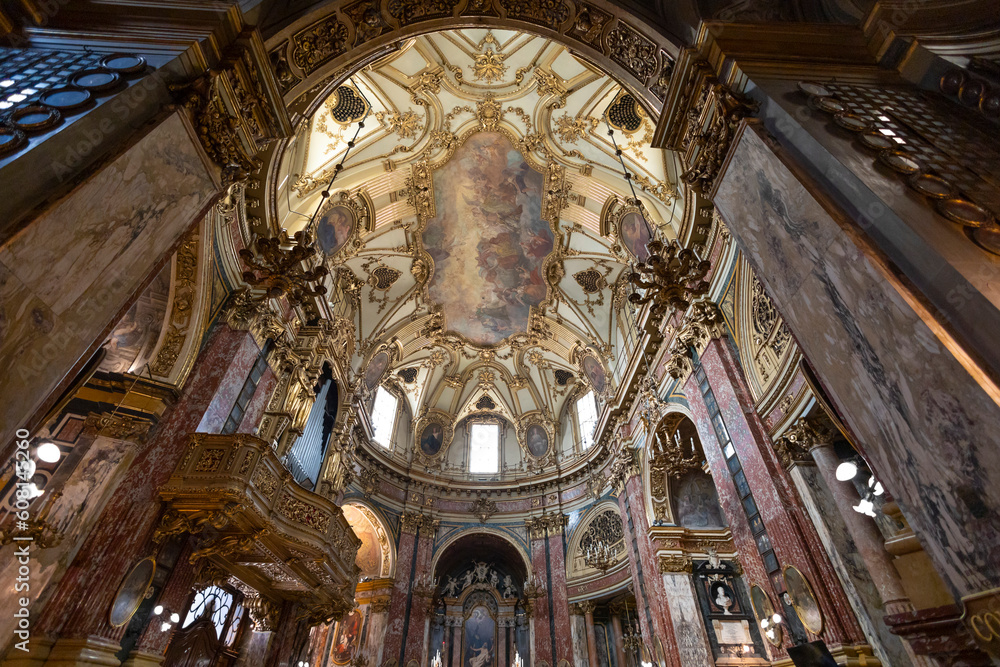 TURIN, ITALY, APRIL 11, 2023 - View of the internal elliptical dome of the Sanctuary of Consolata in Turin (Torino), Piedmont, Italy