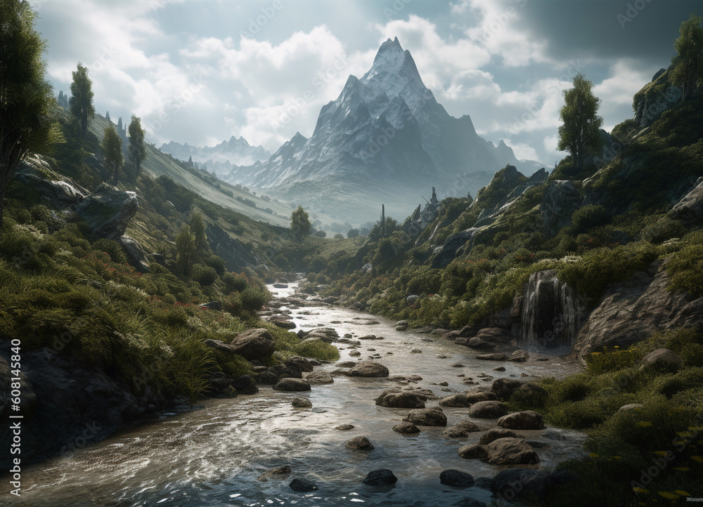 Fototapeta premium a panoramic view of towering mountains in a natural environment with Lush forest with flowing water river enveloped in a landscape of breathtaking beauty of nature green colors
