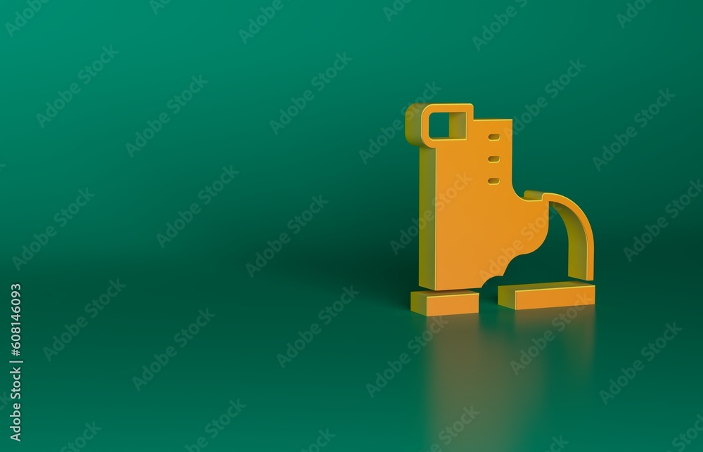 Orange Winter warm boot icon isolated on green background. Waterproof rubber boot. Minimalism concept. 3D render illustration Orange Winter warm boot icon isolated on green background. Waterproof rubber boot. Minimalism concept. 3D render illustration