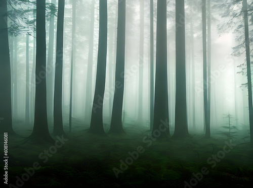 Foggy forest with vintage vibe and space.