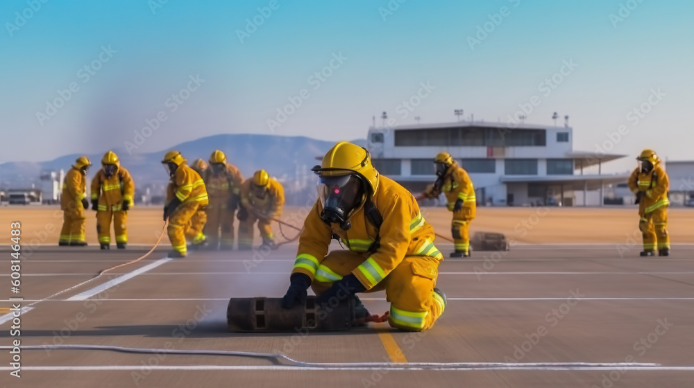 Firefighter in action with fire fighting equipment during training at the airport. Generative AI.