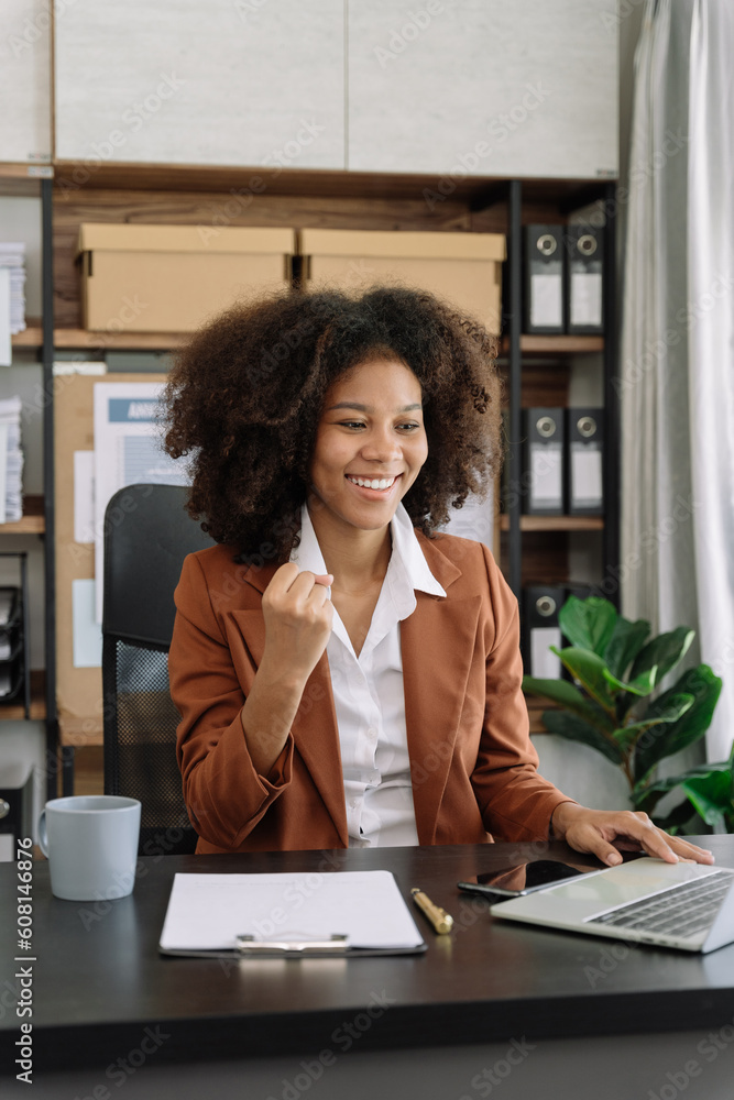Happy smiling business woman feel happy work complete, success work in the office concept. Happy smiling business woman feel happy work complete, success work in the office concept.