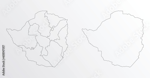 Black Outline vector Map of Zimbabwe with regions on white background