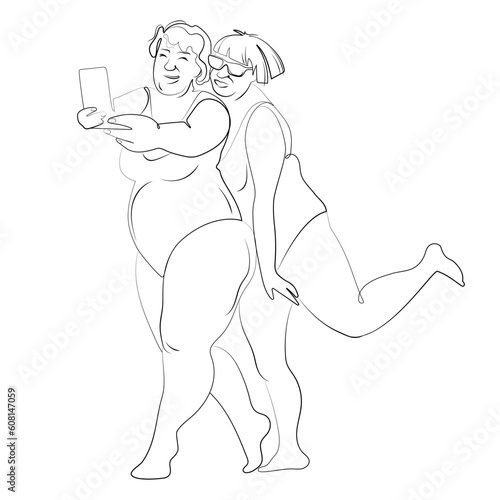 Cheerful old ladies in swimsuits take selfie on the beach.Line art vector illustration.Old people traveling and having fun.Elderly grandmothers summer vacation