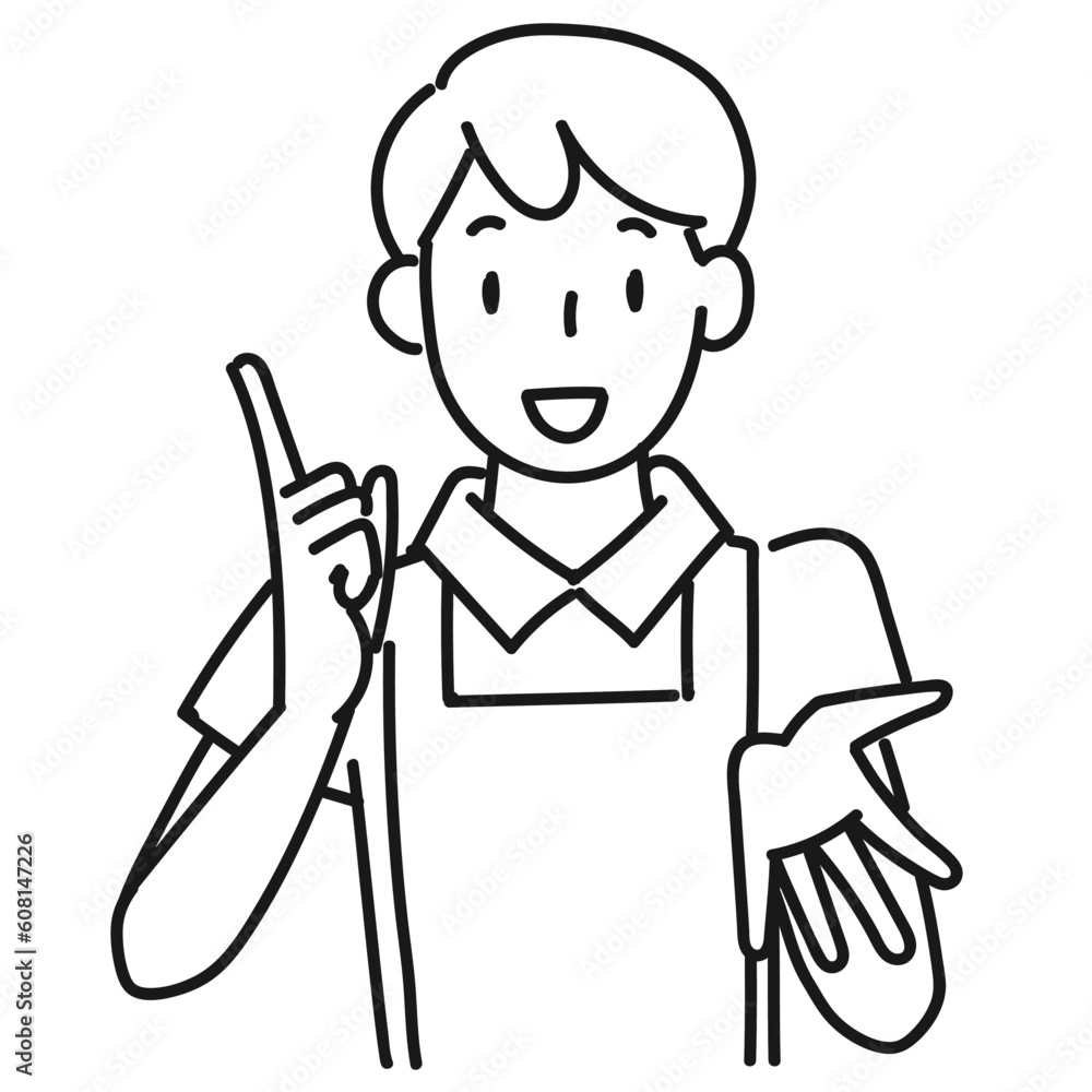 笑顔で説明するエプロンを着けた若い男性の上半身 笑顔で説明するエプロンを着けた若い男性の上半身