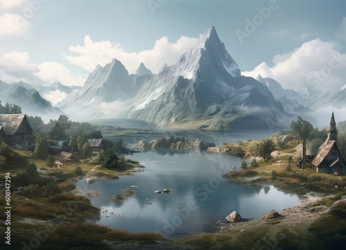 An idyllic mountain scene, where emerald greenery and bluish water embraces a serene lake, creating a tranquil harmony with nature green beneath the towering peaks.