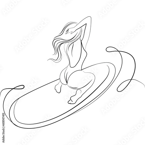 Surf girl in swimsuit sitting on surfboard ,line art drawing vector illustration.Beautiful sexy young woman with longboard sketch drawing.Summer vacation and active lifestyle concept