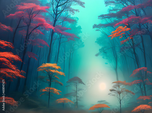 Autumn forest with volumetric space.