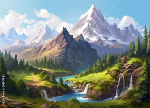 An idyllic mountain scene  where emerald greenery and bluish water embraces a serene lake  creating a tranquil harmony with nature green beneath the towering peaks.