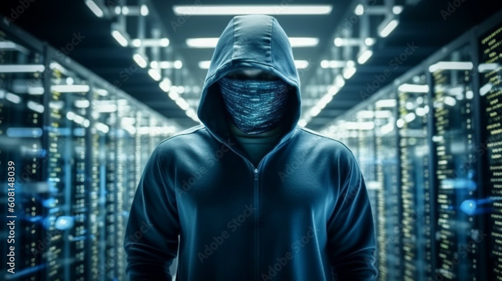 Hacker in the server room. Generative AI Hacker in the server room. Generative AI