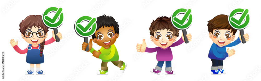 Set of cute boy and girl showing the agreed signboard, print, artwork, doodle, vector illustration (Vector)