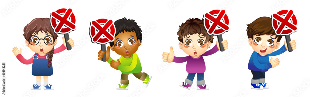 Set of cute boy and girl showing the rejected signboard, print, artwork, doodle, vector illustration (Vector)