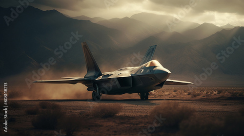 Jet fighter on landing. Generative AI photo