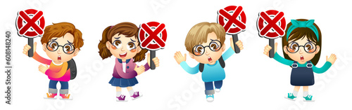Set of cute boy and girl showing the rejected signboard, print, artwork, doodle, vector illustration (Vector)