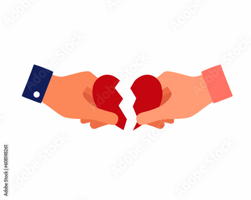 Man and woman hands holding broken heart pieces Divorce, breakup concept