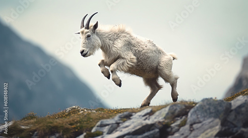 The goat jumps on the rocks in the mountains. Generative AI
