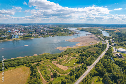 Panorama city Tomsk and Tom River sunset day summer. Aerial top view