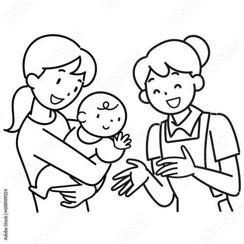 笑顔の赤ちゃんと母親と女性保育士