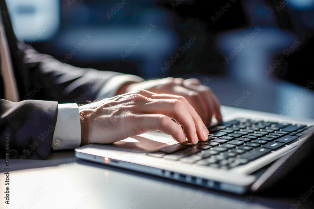 Hands of a business man working on computer laptop. Created with Generative AI technology. Hands of a business man working on computer laptop. Created with Generative AI technology.