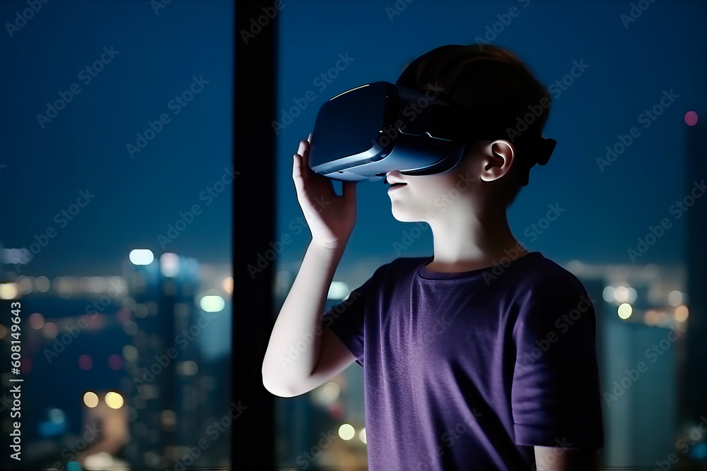 Kid using virtual reality headset. Schooling and virtual reality. Video games and Metaverse concept. Generative Ai Kid using virtual reality headset. Schooling and virtual reality. Video games and Metaverse concept. Generative Ai