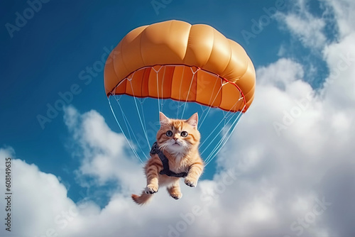Canvas Print cat is flying on a parachute in sky. Generative AI illustration