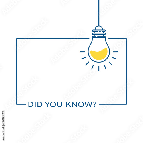 blue frame with hanging bulb like like did you know. concept of easy recipe or think outside box or importance facts. outline flat simple trend graphic linear web banner art design thin line element