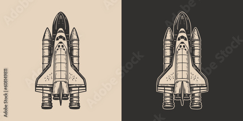 Set of vintage galaxy space rocket shuttle. Can be used like emblem, logo, badge, label. mark, poster or print. Monochrome Graphic Art. Vector. Hand drawn element in engraving Illustration