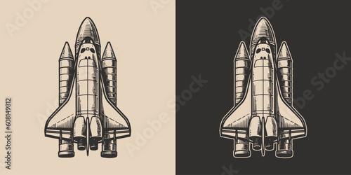 Set of vintage galaxy space rocket shuttle. Can be used like emblem, logo, badge, label. mark, poster or print. Monochrome Graphic Art. Vector. Hand drawn element in engraving Illustration