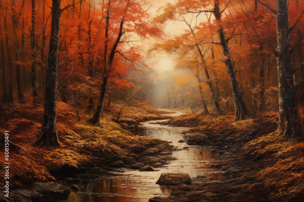 Autumn forest landscape, orange golden foliage, AI Generated