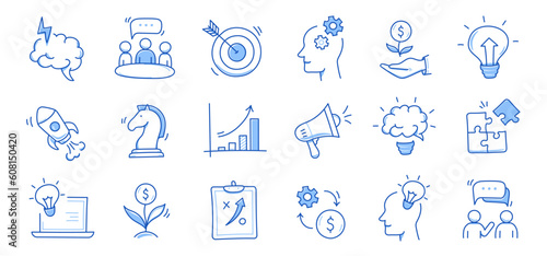 Business idea, startup doodle line icon set. Hand drawn doodle sketch line style business strategy, finance goal concept. Rocket, target, brain cute element. Vector illustration