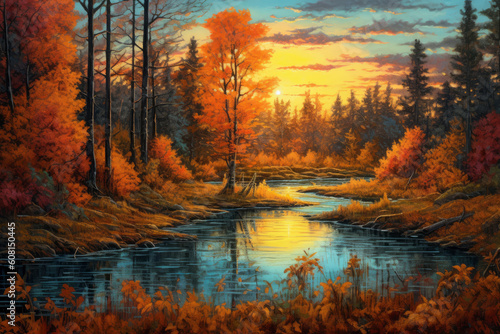 Autumn forest landscape, orange golden foliage, AI Generated