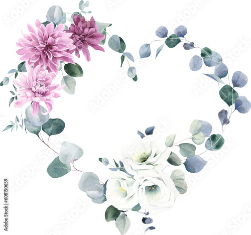 Watercolor Heart Shaped Wreath with Dahlia  Lisianthus and Eucalyptus on Transparent Background