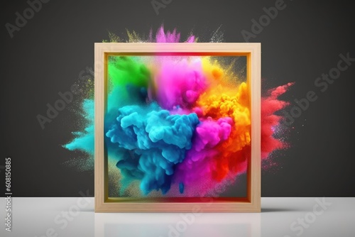 Product display frame with colorful powder paint explosion. Created with Generative AI technology.