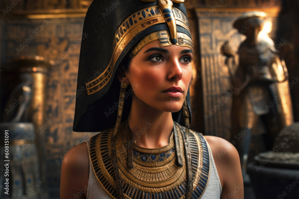 Queen pharaoh wearing golden insignia of her reign in ancient Egypt (Generative AI)