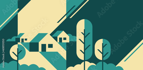 Rural scene in simple geometric style