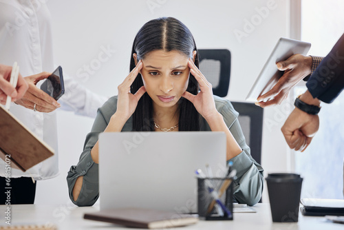 Stress, multitask and an overwhelmed business woman at work on a laptop in her office for a deadline. Technology, burnout or anxiety with a young female employee feeling pressure from a busy schedule