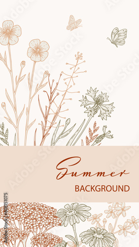 Summer vertical design with wildflowers. Hand drawn vector illustration in sketch style. Social media stories template. Meadow flowers poster. Wedding invitation