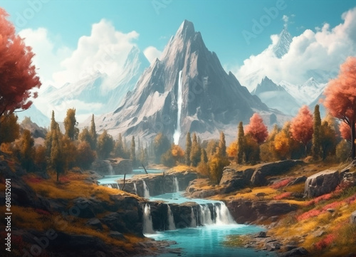 An enchanting autumn scene, where majestic mountains stands watch over a forest ablaze with leaves turning vibrant hues, painting a breathtaking canvas of fall colors. © Musashi_Collection