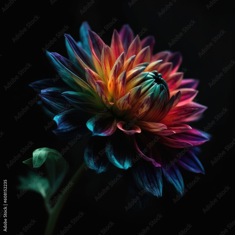 A colorful flower is lit up with a black background A colorful flower is lit up with a black background