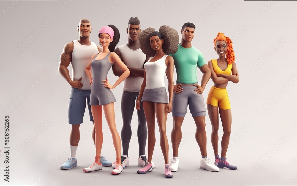 Fototapeta premium 3D cartoon cute multi ethnic characters athletes. Diverse group of fit people in sportswear while standing poses together in gym, exercise session, full body person isolated on white, ai generate