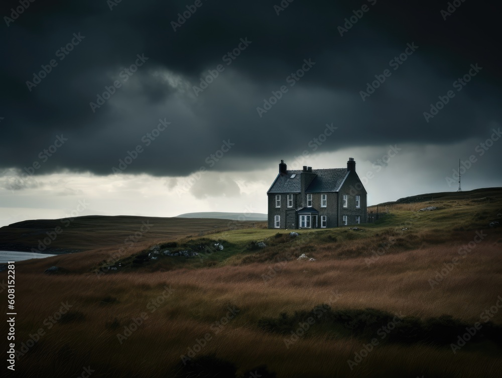 A house on a hill with a dark sky A house on a hill with a dark sky